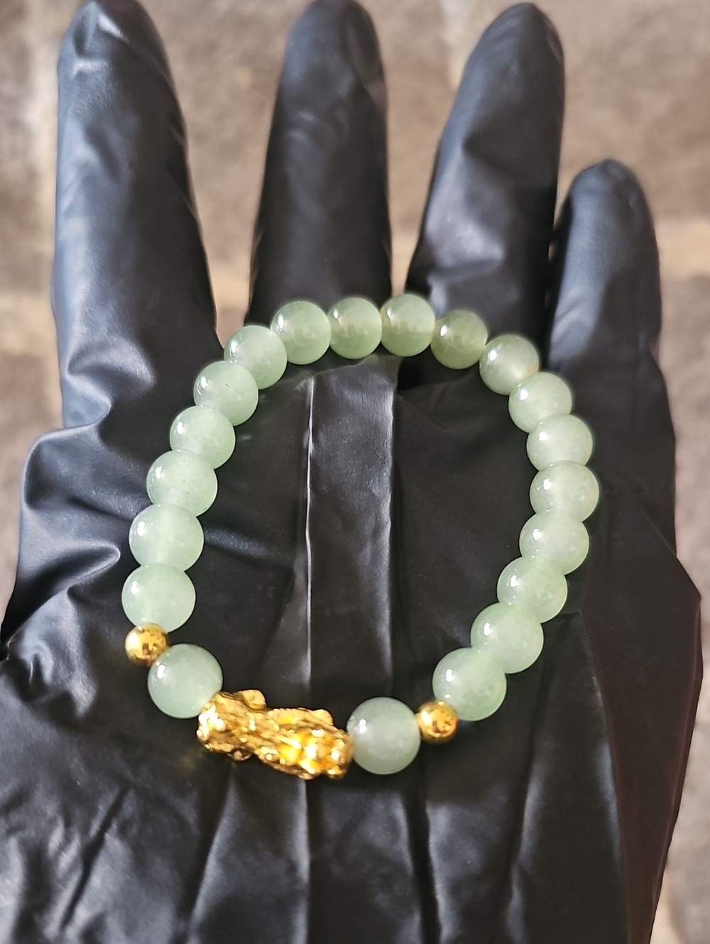 Green Jade Beaded Bracelet with Gold Accent
